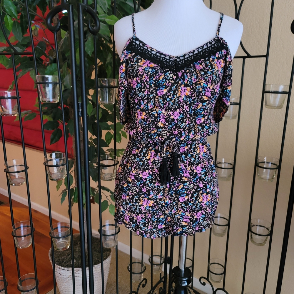 Xhilaration Black Floral Jumpsuit with Lace Detail